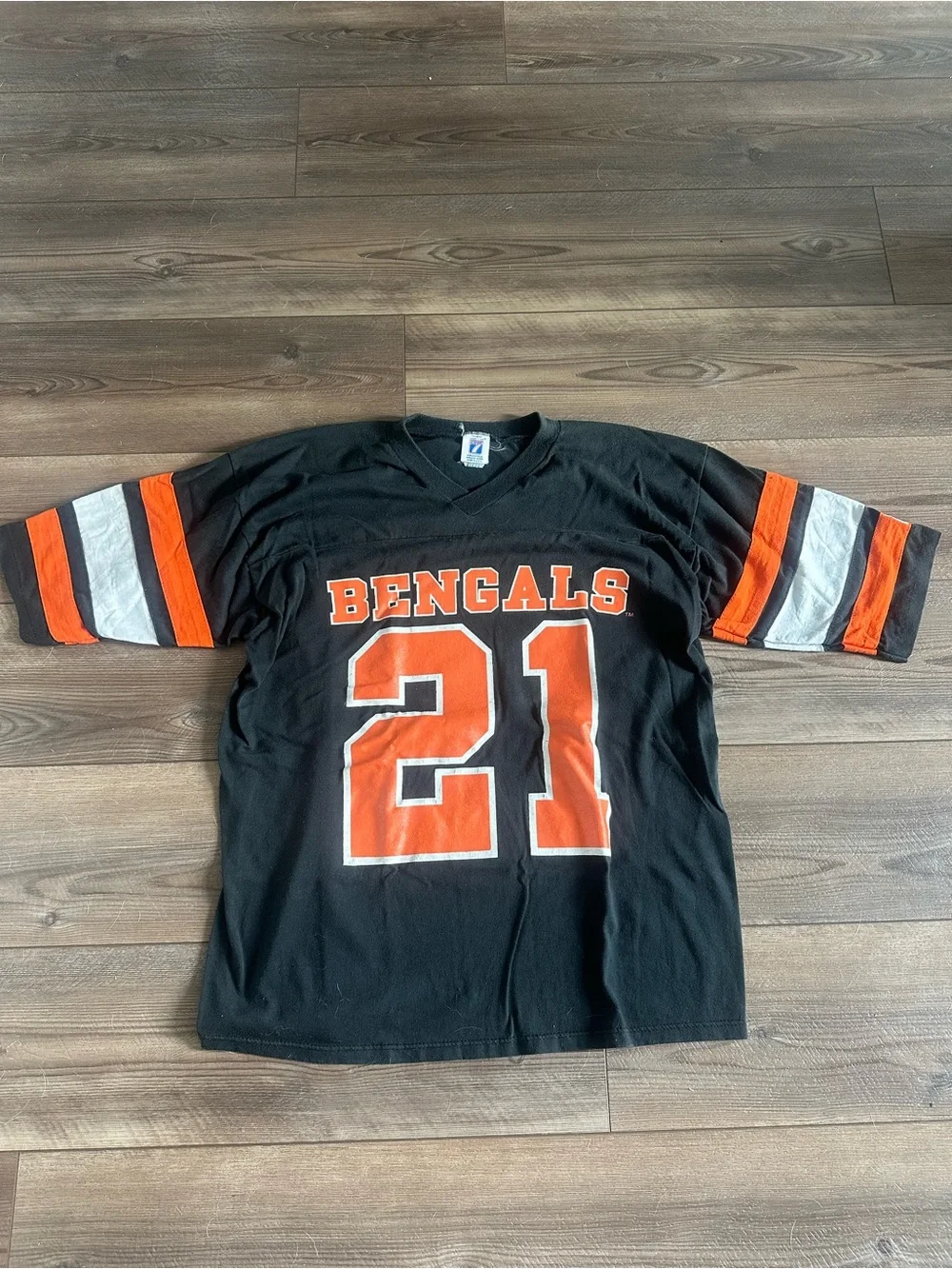 Vintage Bengals #21 Black & Orange Football Logo 7 Raglan Tee NFL Sz L